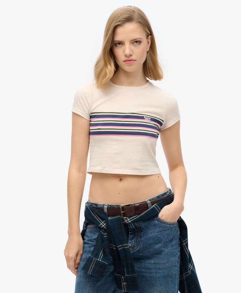 camiseta cropped listrada vintage na cor aveia.
