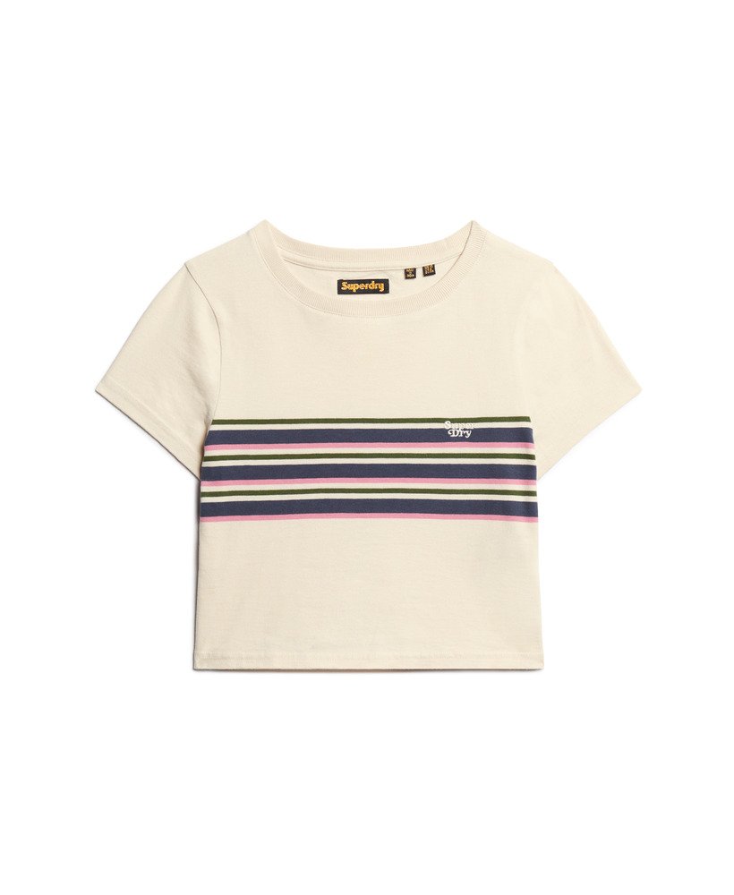 camiseta cropped listrada vintage na cor aveia.