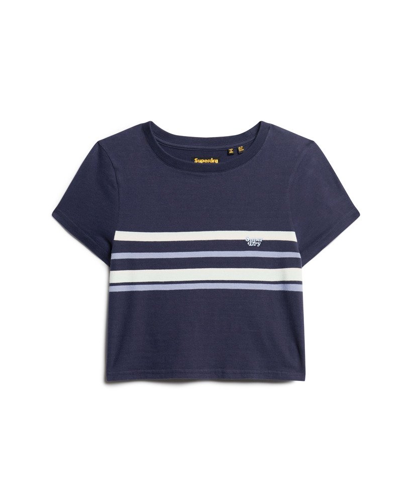 camiseta cropped listrada vintage em estilo preppy azul marinho.