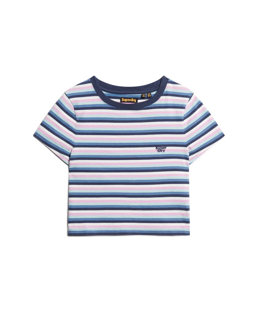 camiseta cropped vintage listrada em tom hiper lavanda.