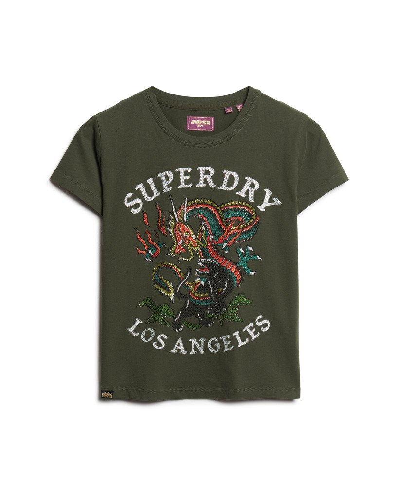 camiseta ajustada com strass e estampa de tatuagem na cor cáqui militar.