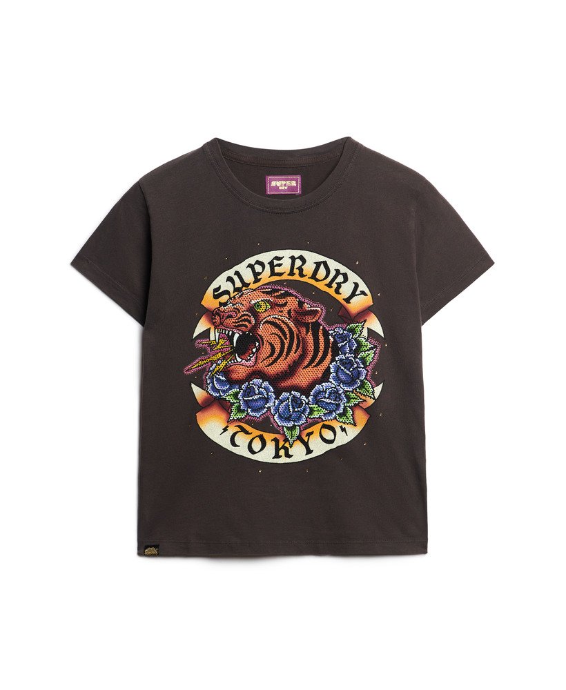 camiseta ajustada com strass e estampa de tatuagem na cor preto carbono