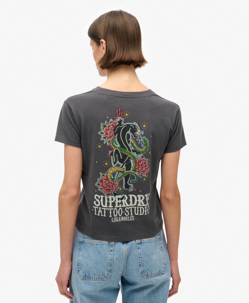 camiseta ajustada com strass e estampa de tatuagem na cor carvÃo