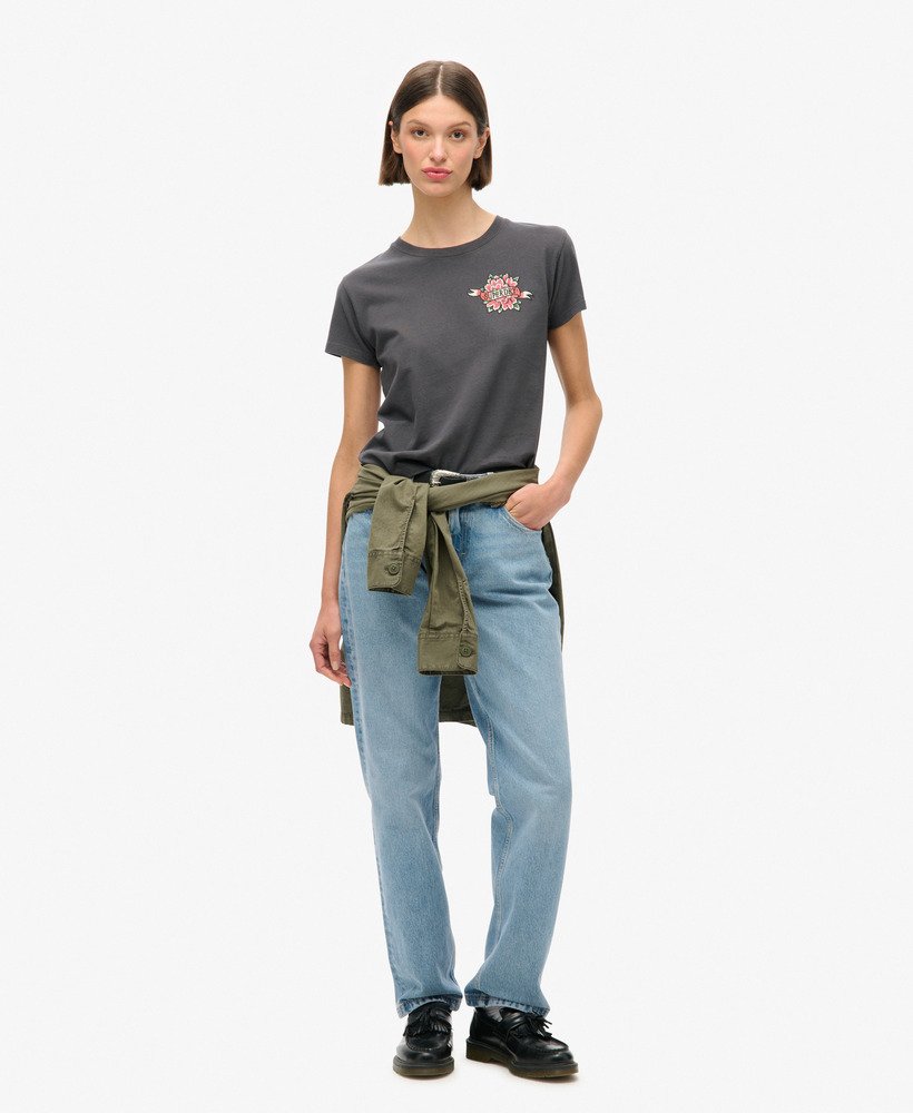 camiseta ajustada com strass e estampa de tatuagem na cor carvÃo