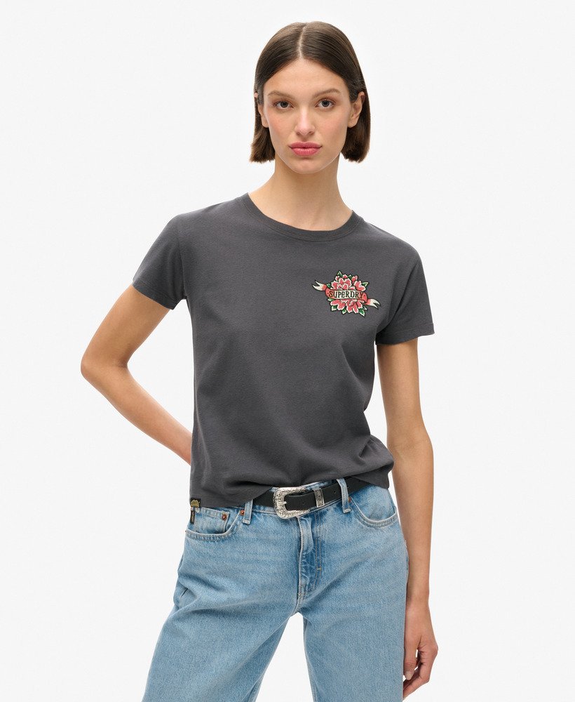 camiseta ajustada com strass e estampa de tatuagem na cor carvÃo