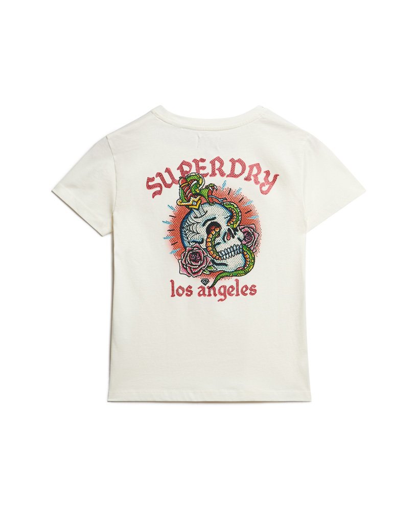 camiseta ajustada com strass e estampa de tatuagem na cor branco inverno