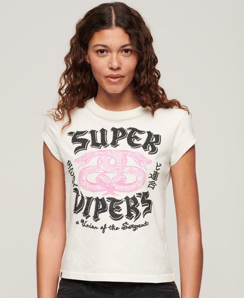 camiseta de manga curta com estampa de pôster na cor cru