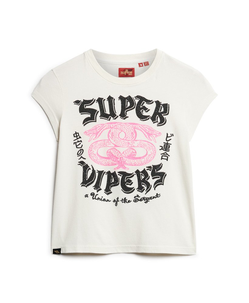 camiseta de manga curta com estampa de pôster na cor cru