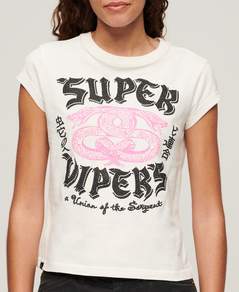 camiseta de manga curta com estampa de pôster na cor cru