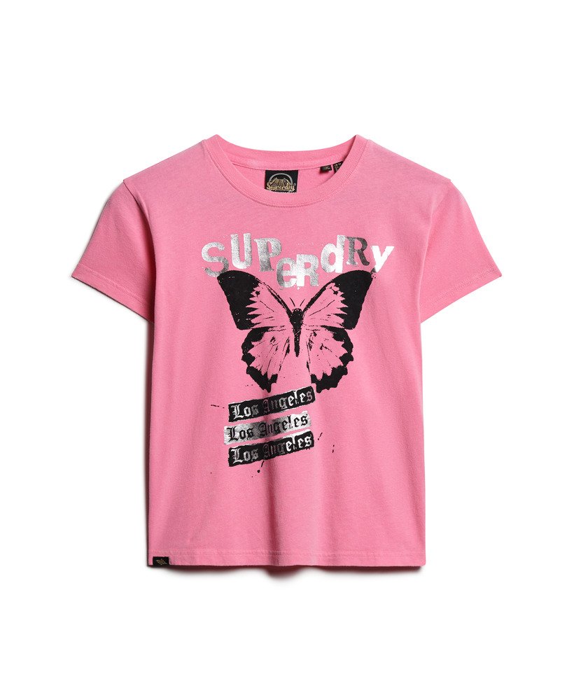 camiseta com estampa lo-fi rock na cor rosa aurora