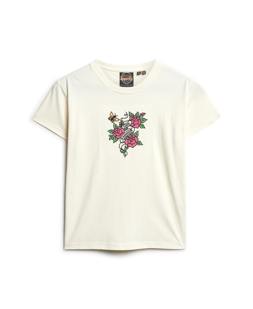 camiseta ajustada bordada com tatuagem na cor creme.
