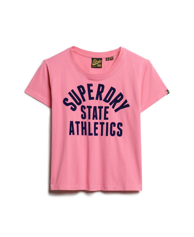 camiseta varsity flocked fitted na cor rosa fluor