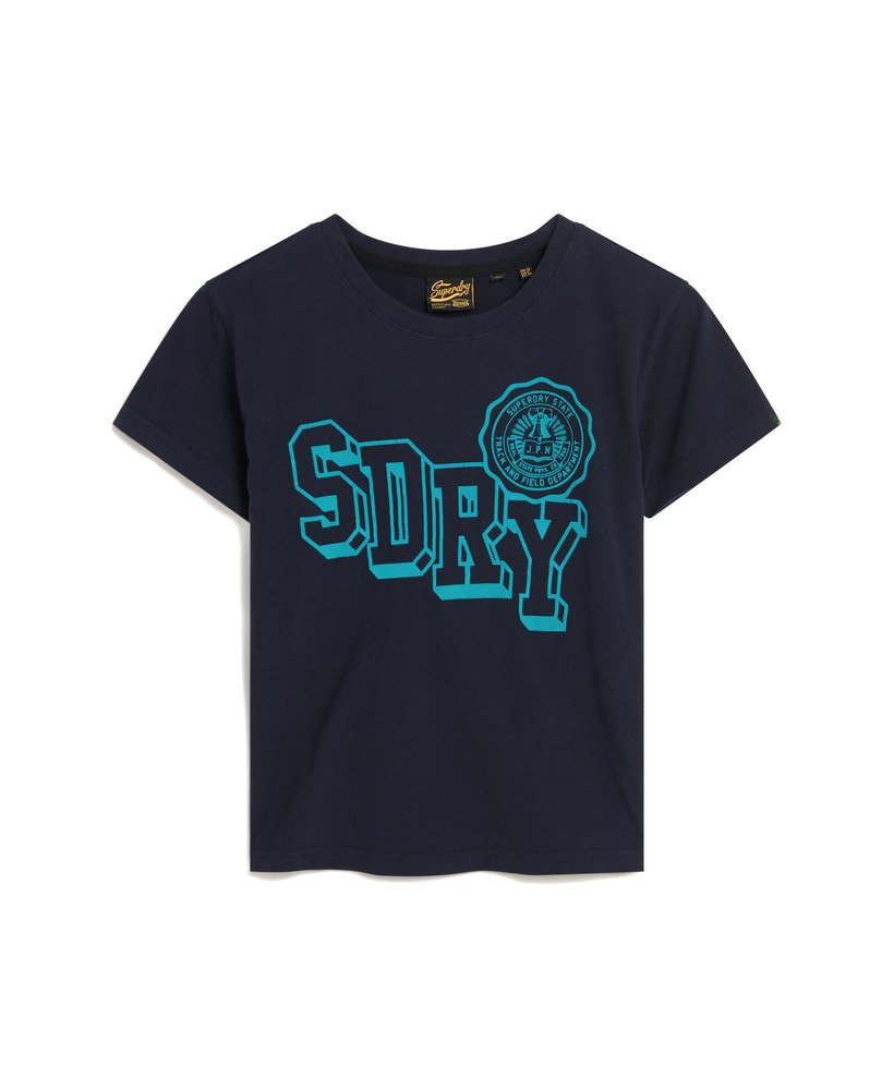 camiseta varsity flocked fitted na cor azul marinho escuro