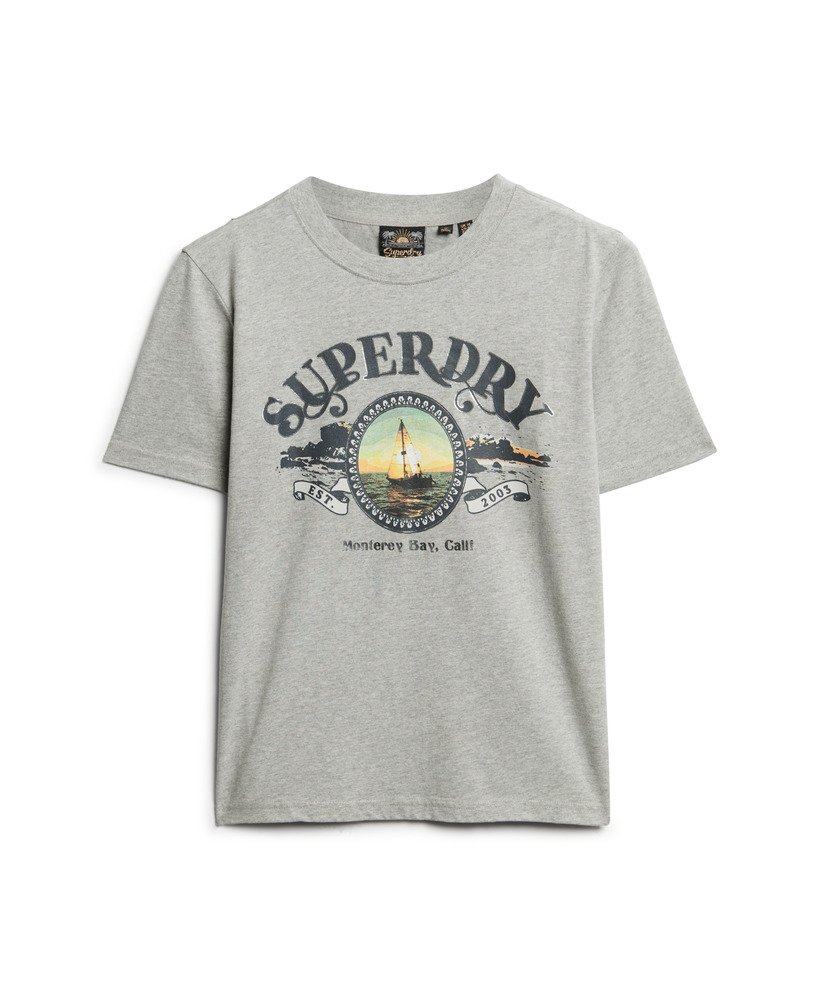 camiseta de viagem estilo lembrança modelagem relaxada na cor bege mesclado pedra-pomes.