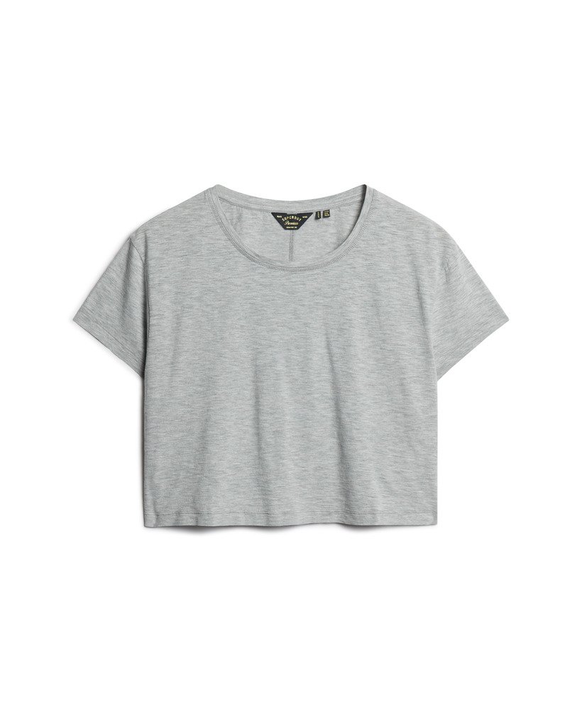 camiseta cropped folgada na cor cinza mesclado pimenta