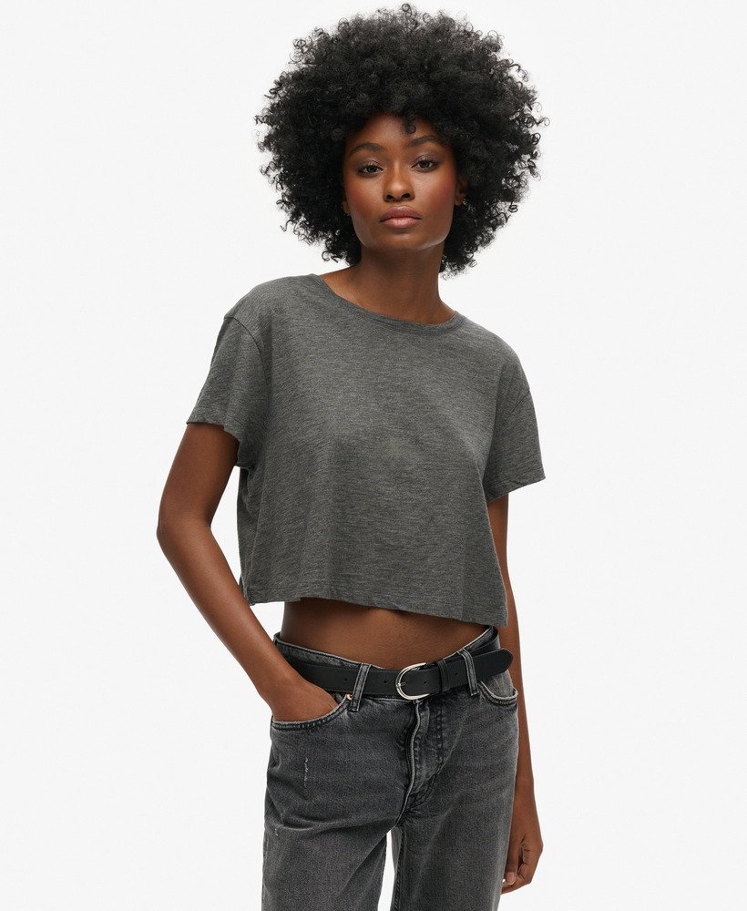 camiseta cropped folgada na cor cinza mescla cosmo