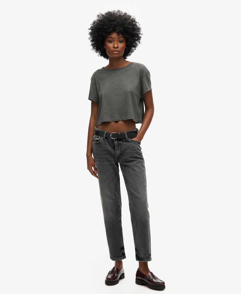 camiseta cropped folgada na cor cinza mescla cosmo