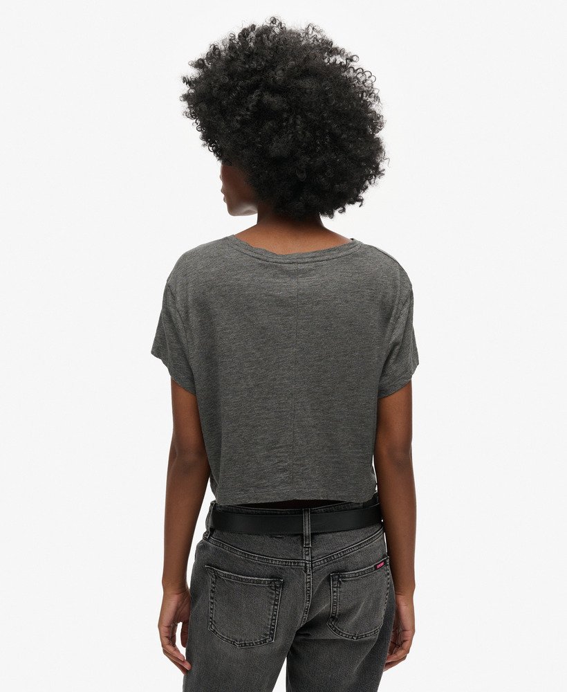 camiseta cropped folgada na cor cinza mescla cosmo