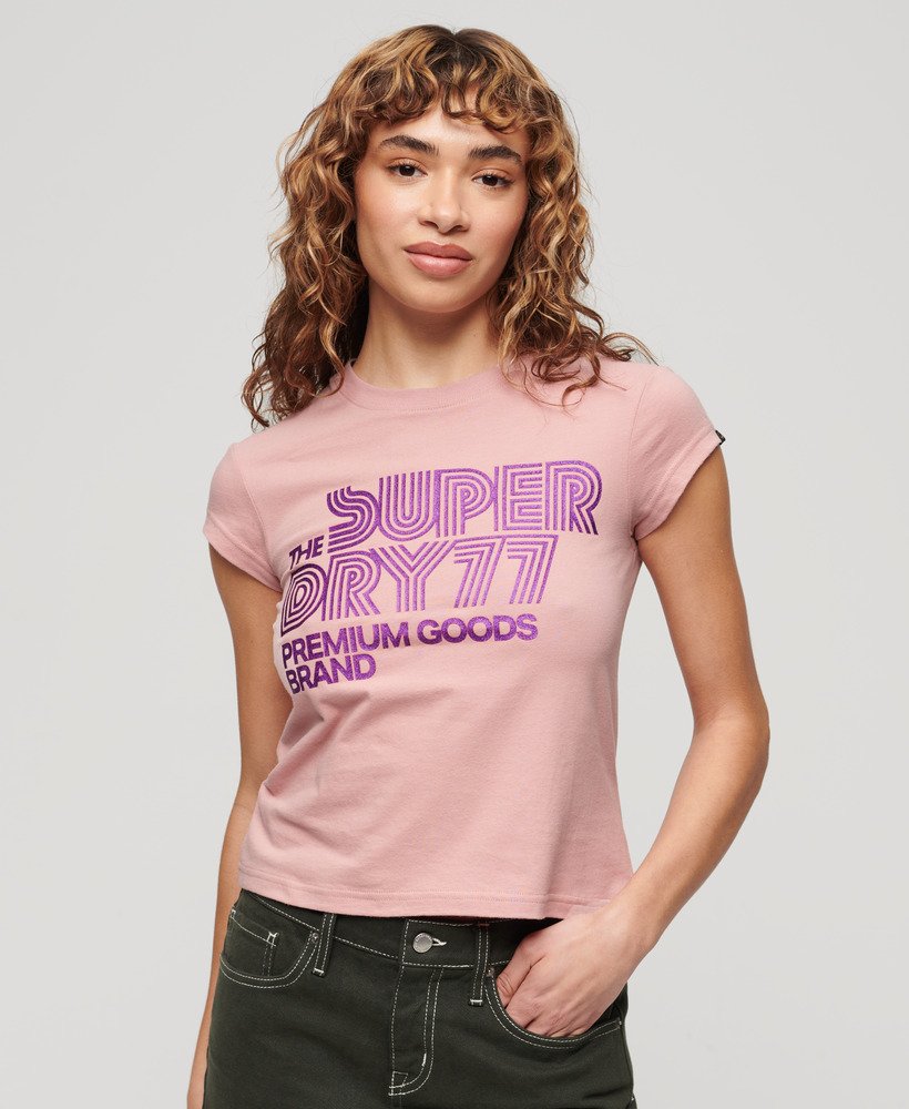 camiseta retrô com logo brilhante em rosa blush vintage