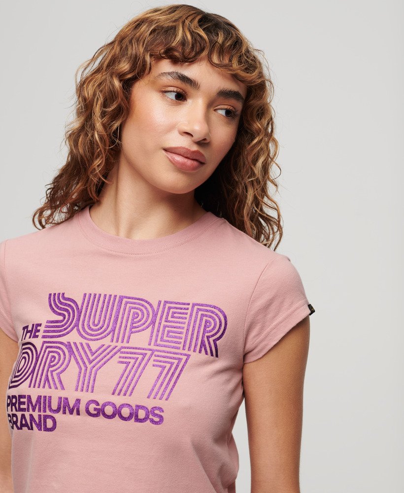 camiseta retrô com logo brilhante em rosa blush vintage