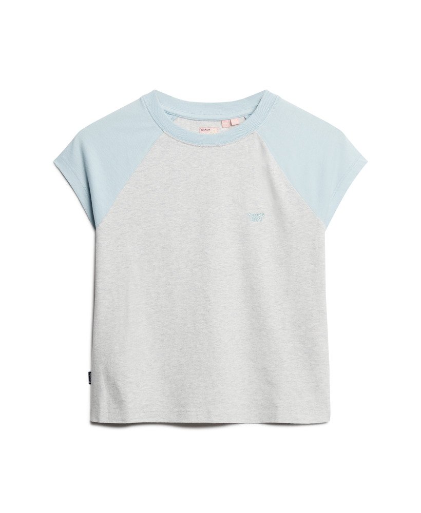 camiseta raglan essential logo em algodão orgânico nas cores azul céu invernocinza geleira mesclado
