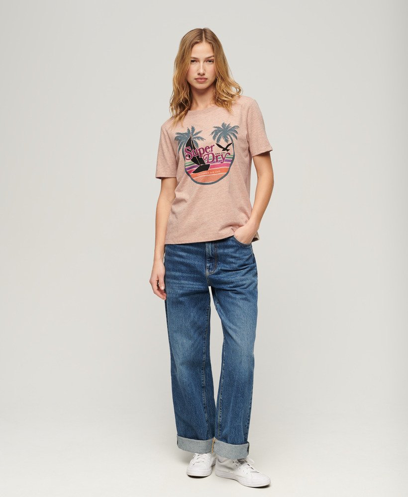 camiseta outdoor stripe relaxed em tons de laranja e damasco mesclado.