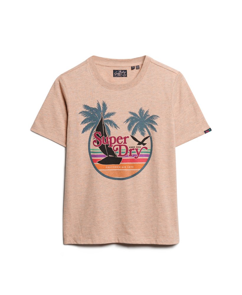 camiseta outdoor stripe relaxed em tons de laranja e damasco mesclado.