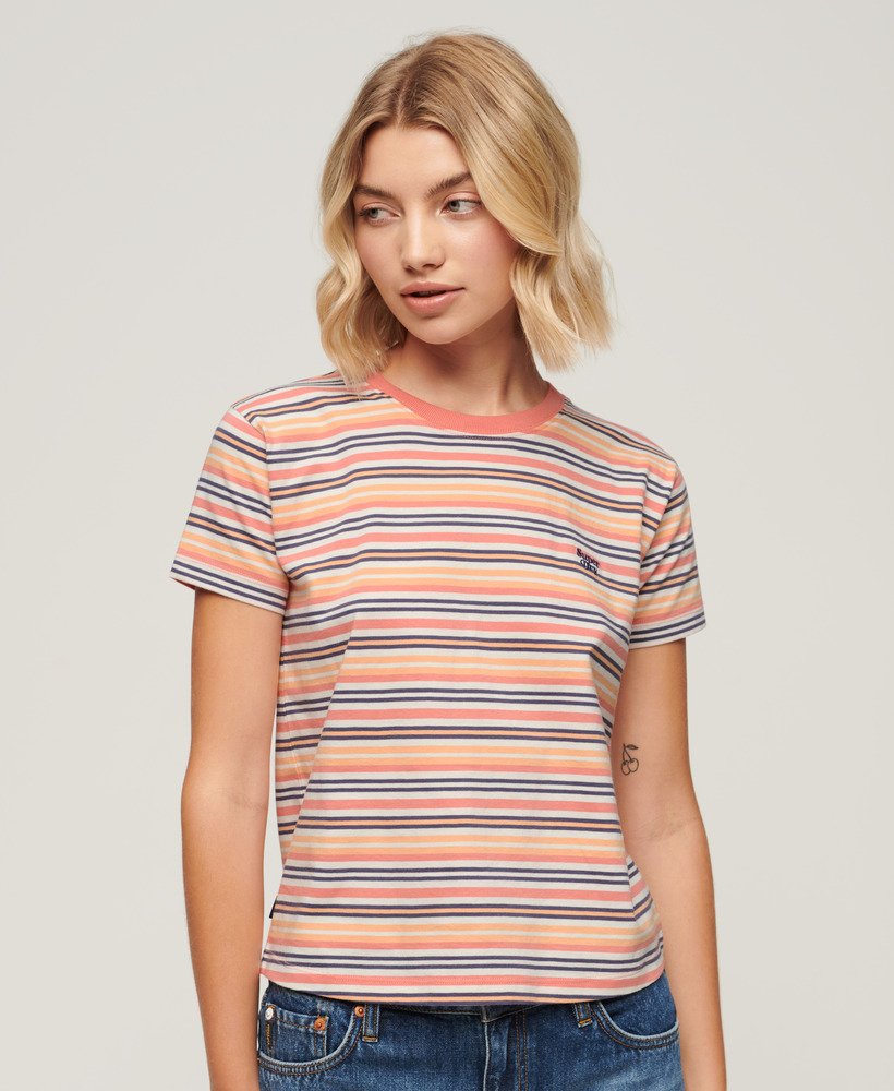 camiseta essential listrada com logo em coral sunset stripe