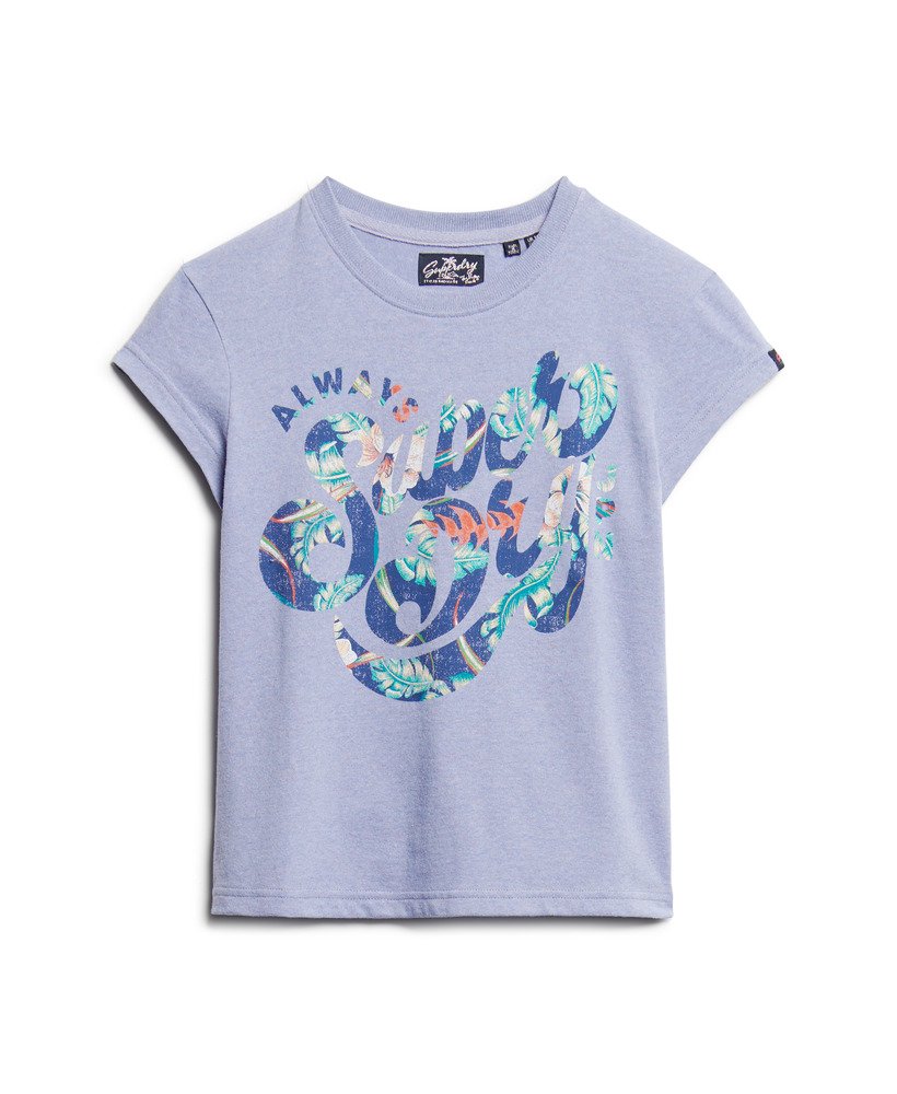 camiseta de manga curta com estampa floral em violeta mesclado.