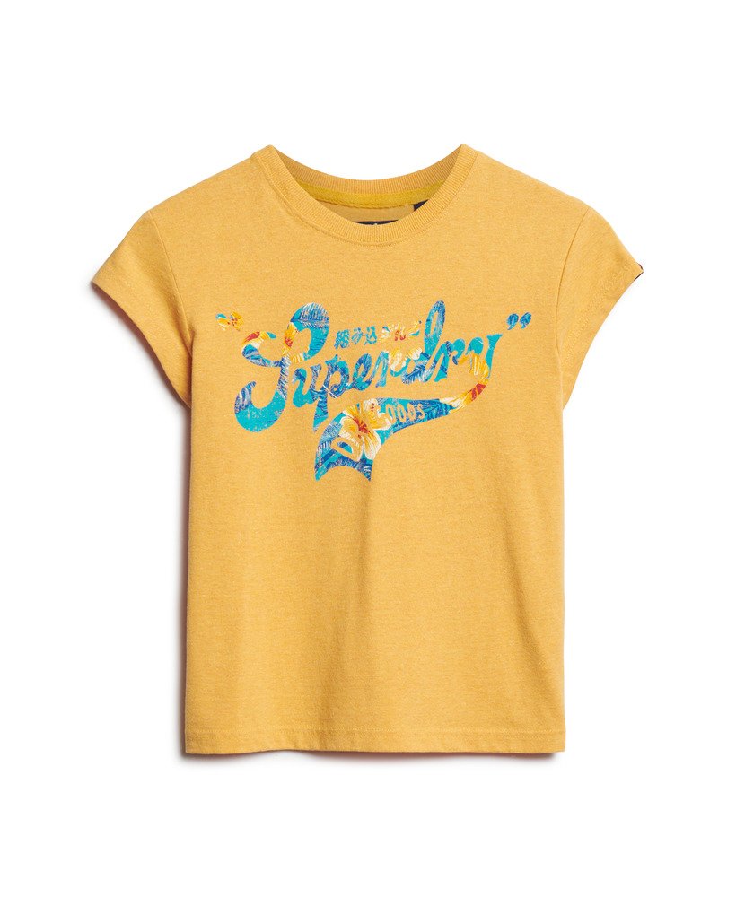 camiseta de manga curta com estampa floral em amarelo âmbar mesclado.