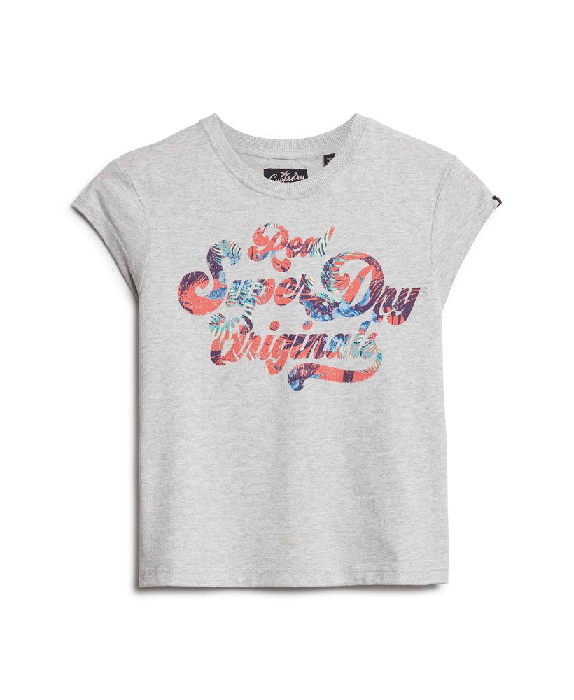 camiseta de manga curta com estampa floral em cinza mesclado.