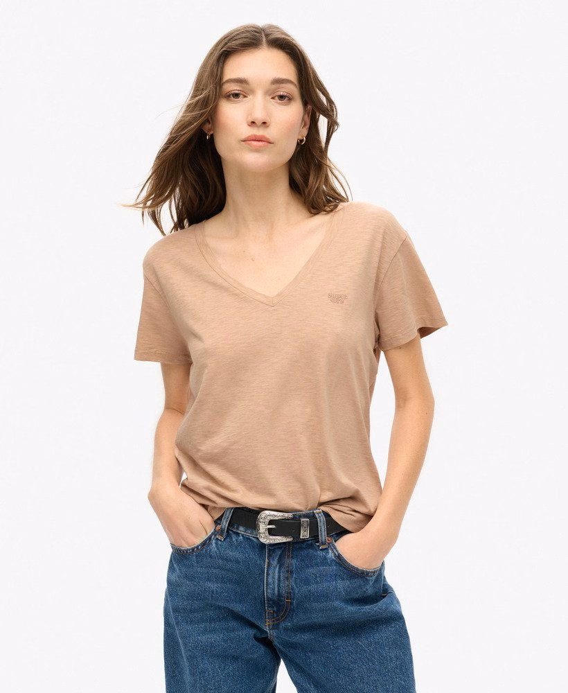 Camiseta com decote em V bordada em tecido texturizado