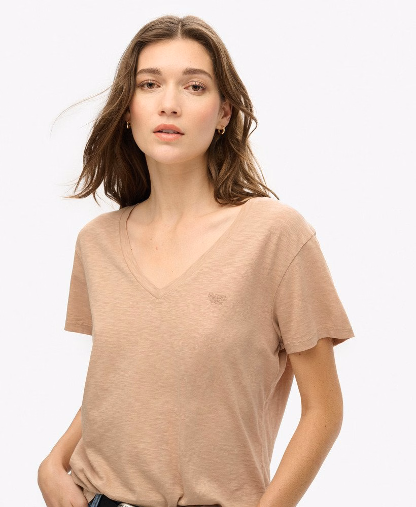 Camiseta com decote em V bordada em tecido texturizado