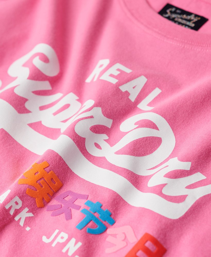camiseta vintage logo pop entry na cor rosa marne