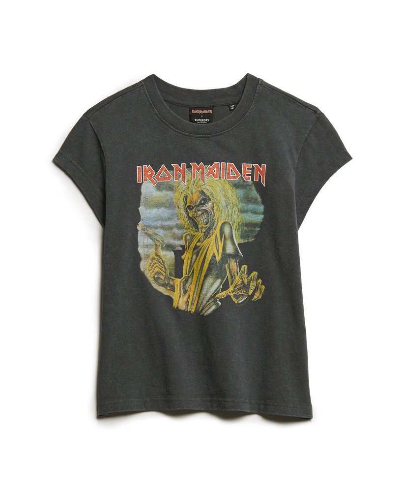 camiseta iron maiden x superdry de manga curta preta modelo mid merch.