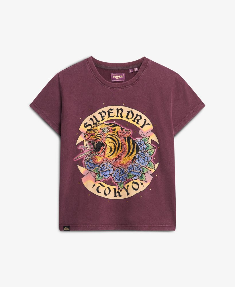 camiseta ajustada com strass e estampa de tatuagem na cor roxa figo