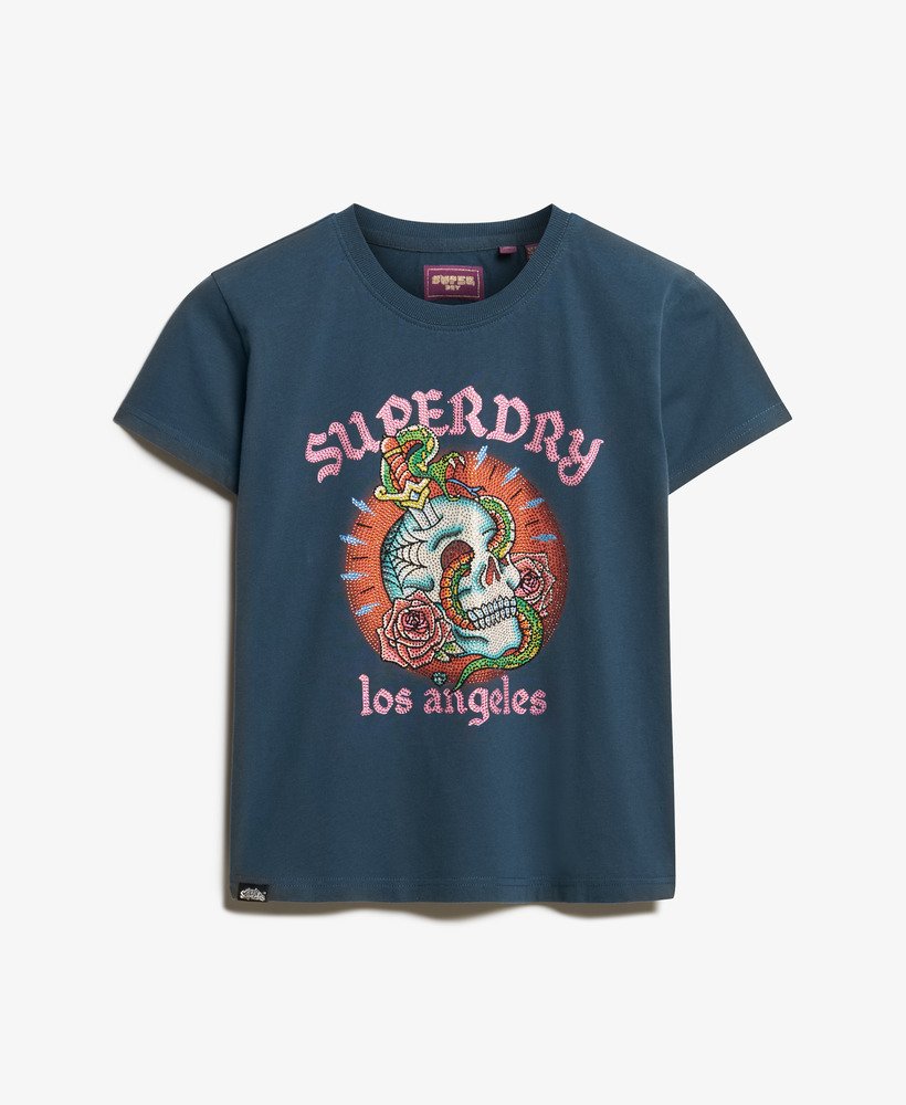 camiseta ajustada com strass e estampa de tatuagem na cor tinta.