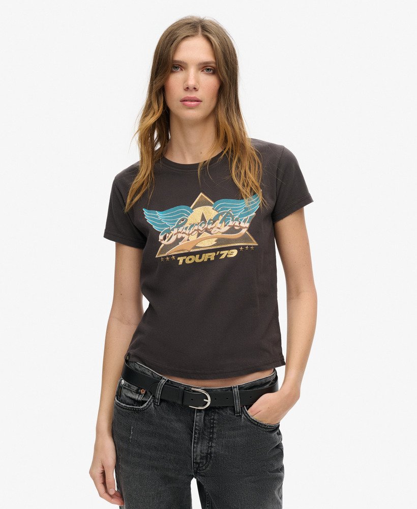 camiseta de manga curta estilo banda de rock dos anos 70 na cor blackboard
