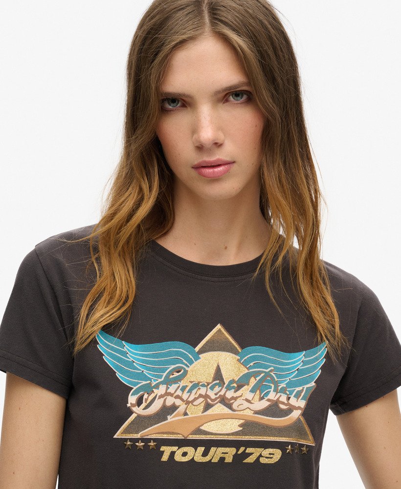camiseta de manga curta estilo banda de rock dos anos 70 na cor blackboard