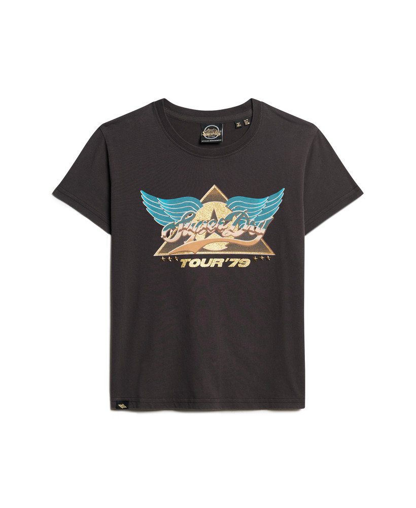 camiseta de manga curta estilo banda de rock dos anos 70 na cor blackboard