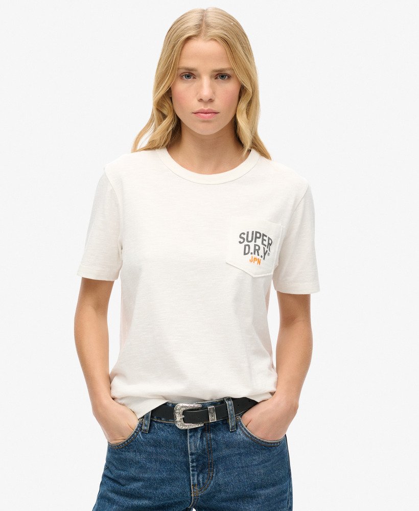 camiseta workwear com bolso bordado na cor off white