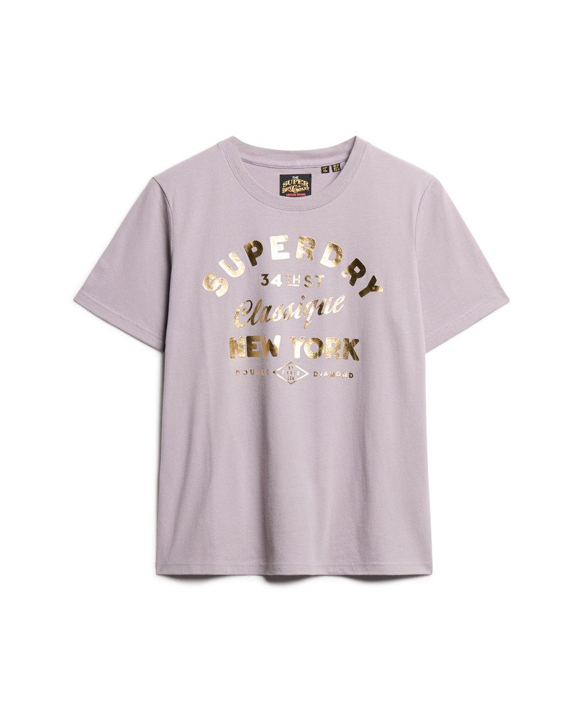 camiseta relaxed luxe metallic logo na cor lilás brassica