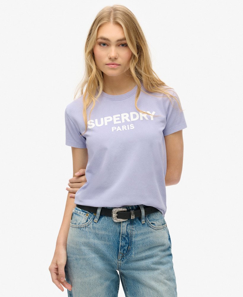 camiseta esportiva luxe graphic fitted na cor roxa opaco