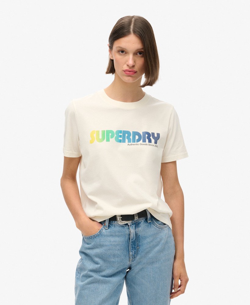 camiseta relaxed com logo arco-Íris na cor creme