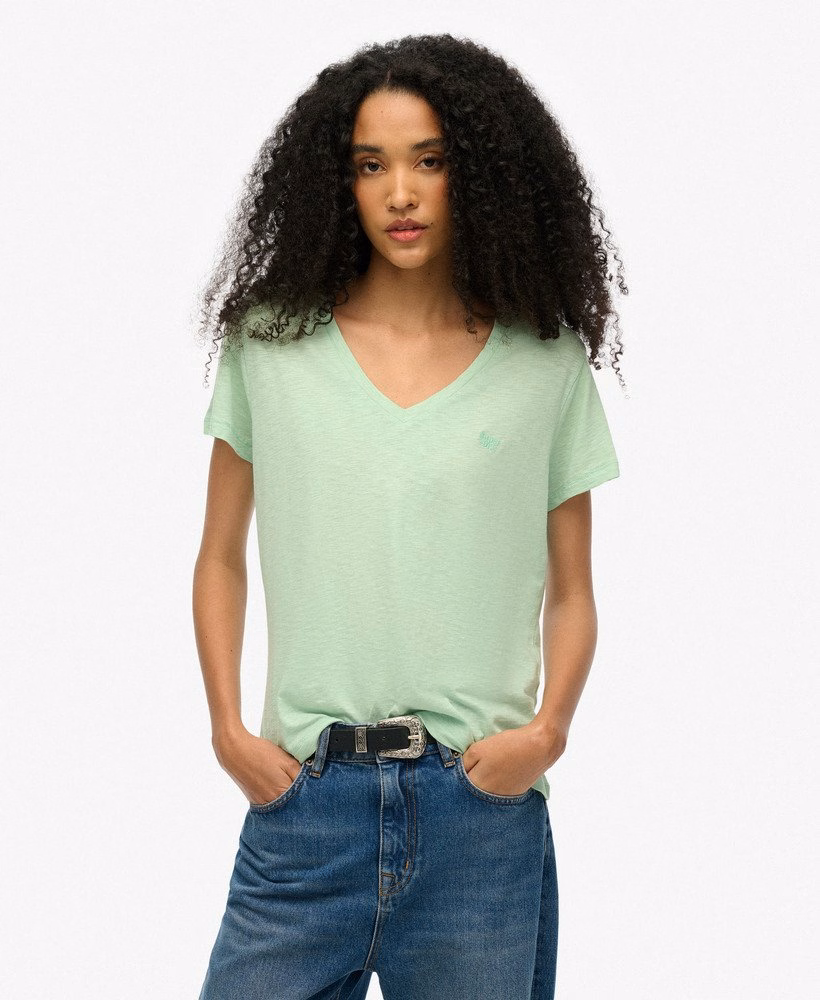 Camiseta com decote em V bordada em tecido texturizado