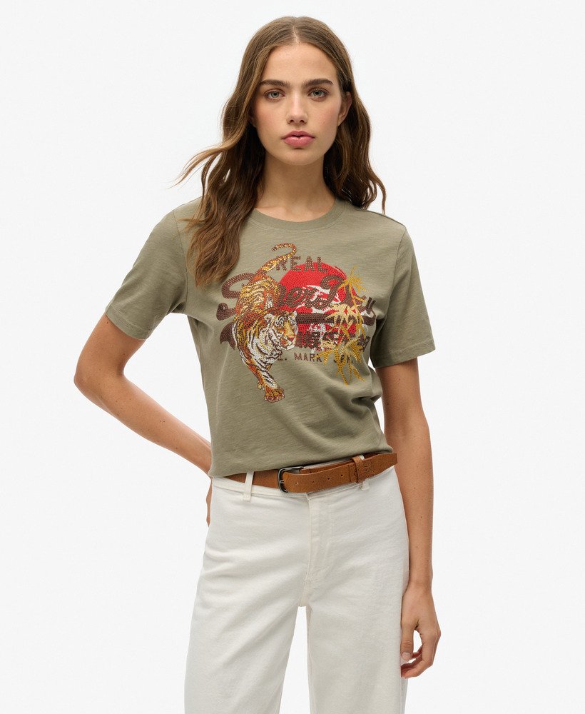 camiseta vintage logo tokyo relaxed em tecido slub verde cáqui claro