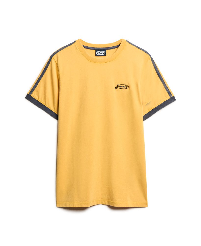camiseta oversized essential logo com listras retrô em dourado inverno