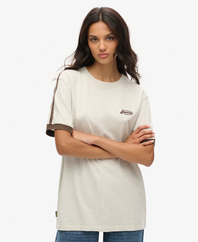 camiseta oversized essential logo retro listrada em cinza relâmpago grindle