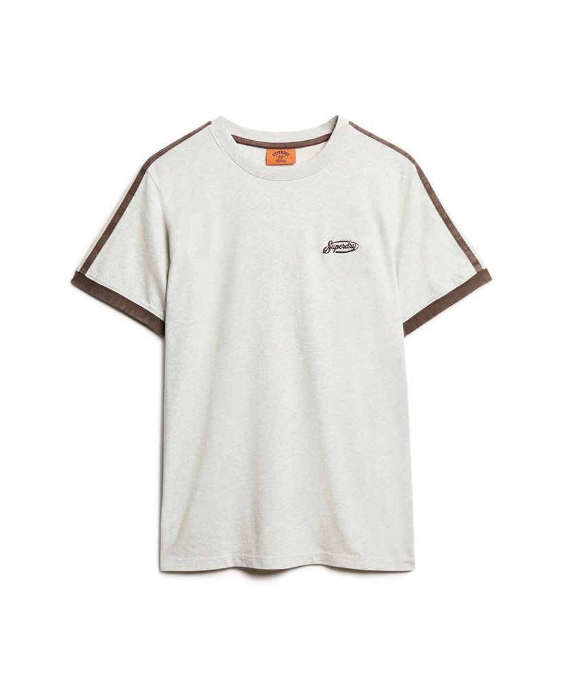 camiseta oversized essential logo retro listrada em cinza relâmpago grindle