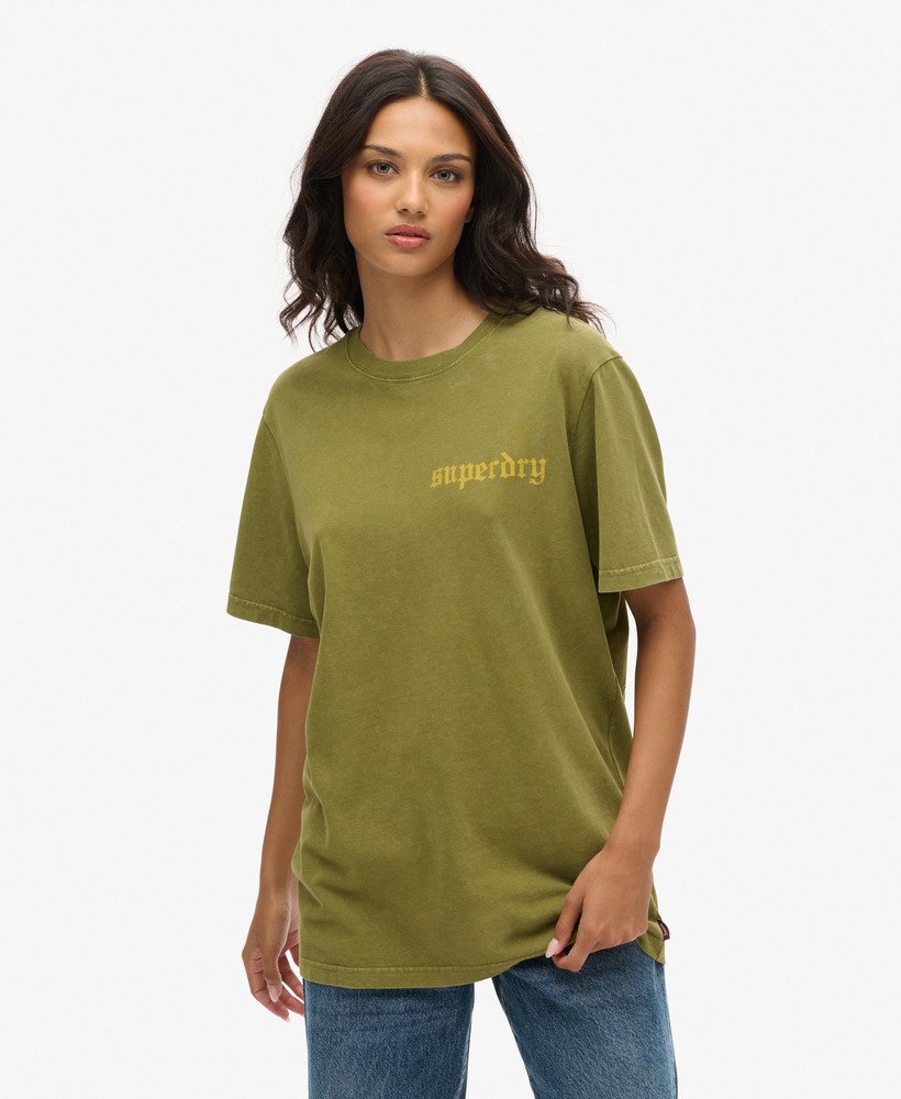 camiseta oversized com estampa de tatuagem na cor cáquioliva
